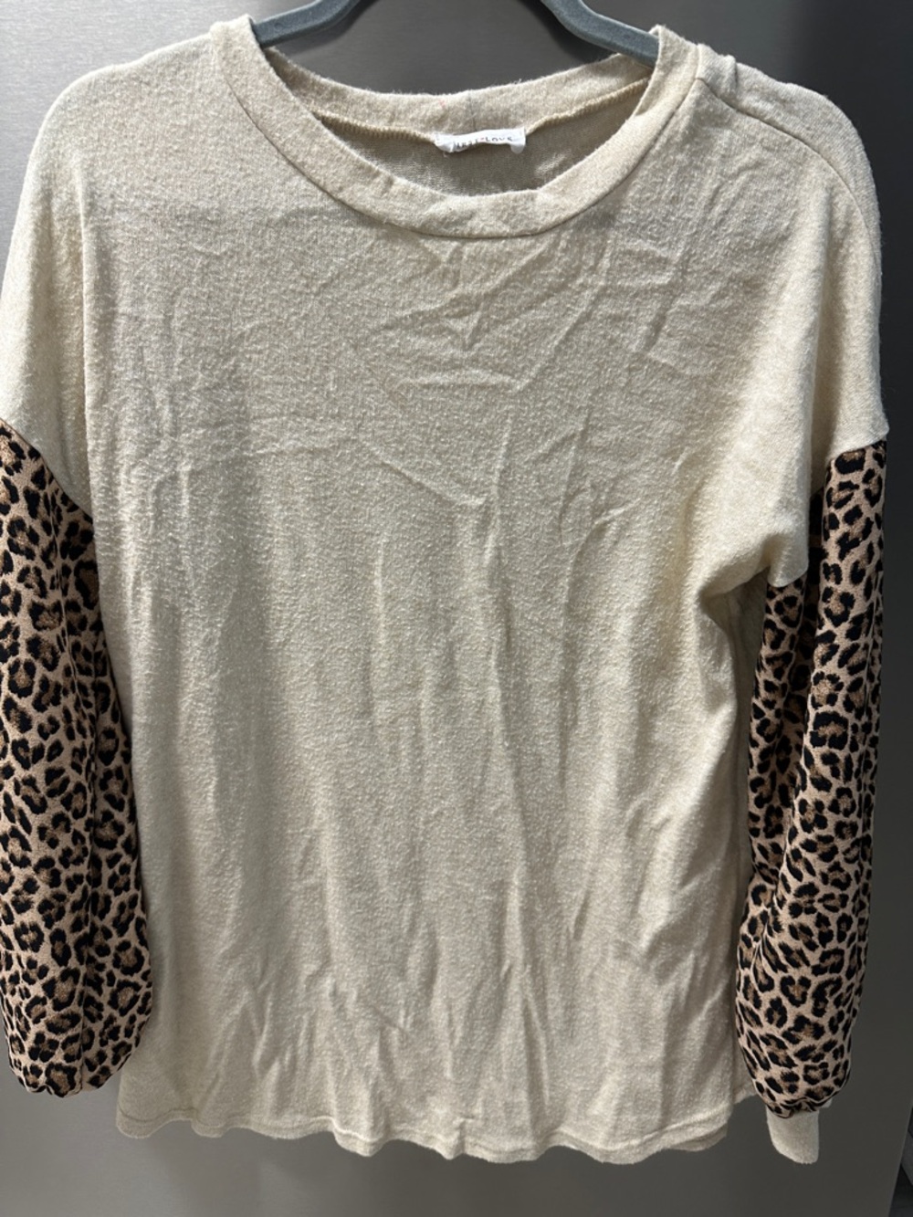 First Love Cream Long Sleeve Top with Leopard Print Sleeves